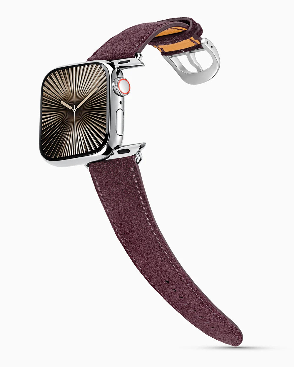 Janus Suede luxury Apple Watch leather band on a Series 10 Apple Watch